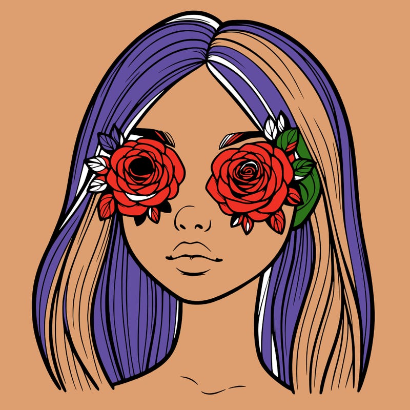 a realistic girl with roses for eyes