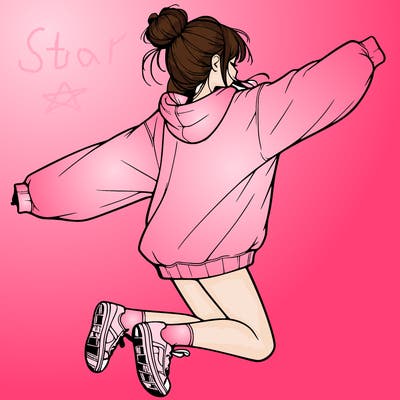 realistic girl jumping with a bun and oversized sweatshirt