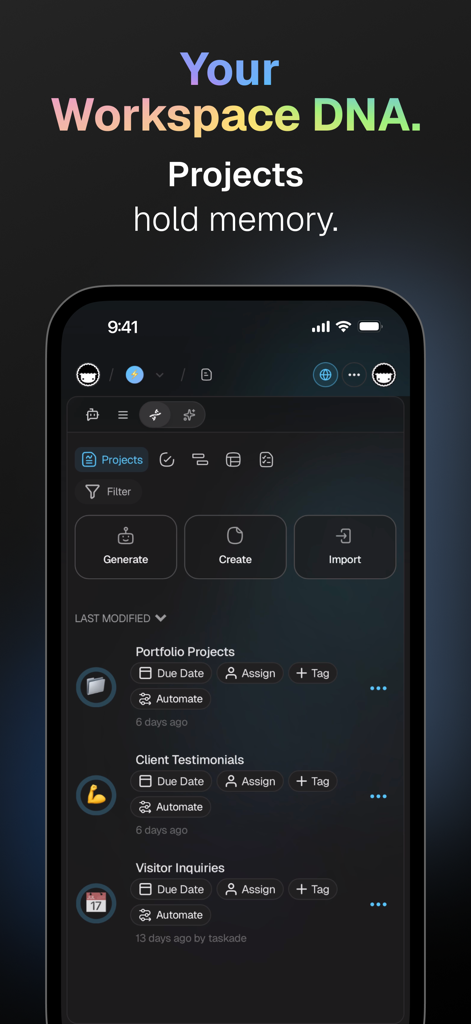 Taskade - One Prompt. One App - Taskade app interface showing organized project folders and Workspace DNA features.