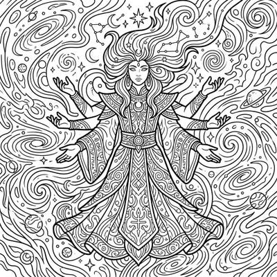 Journey through the cosmos with this stunning Primordial Deity coloring page, featuring a powerful figure surrounded by swirling galaxies and celestial wonders. Dive into a world of ancient power and intricate designs, perfect for a meditative coloring experience.
