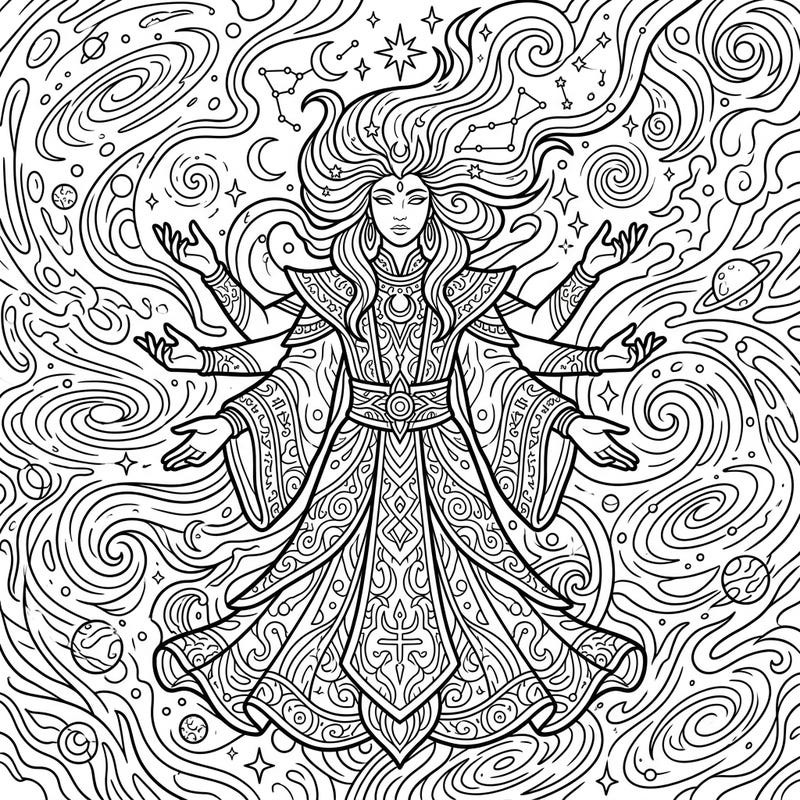 Journey through the cosmos with this stunning Primordial Deity coloring page, featuring a powerful figure surrounded by swirling galaxies and celestial wonders. Dive into a world of ancient power and intricate designs, perfect for a meditative coloring experience.