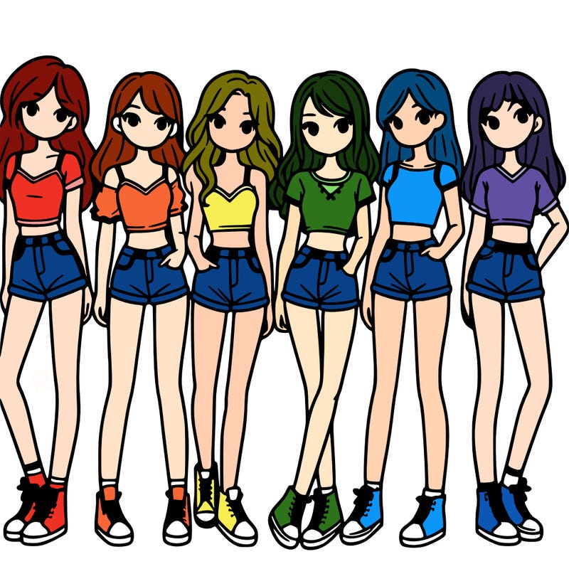 a group of girls wearing crop tops and shorts