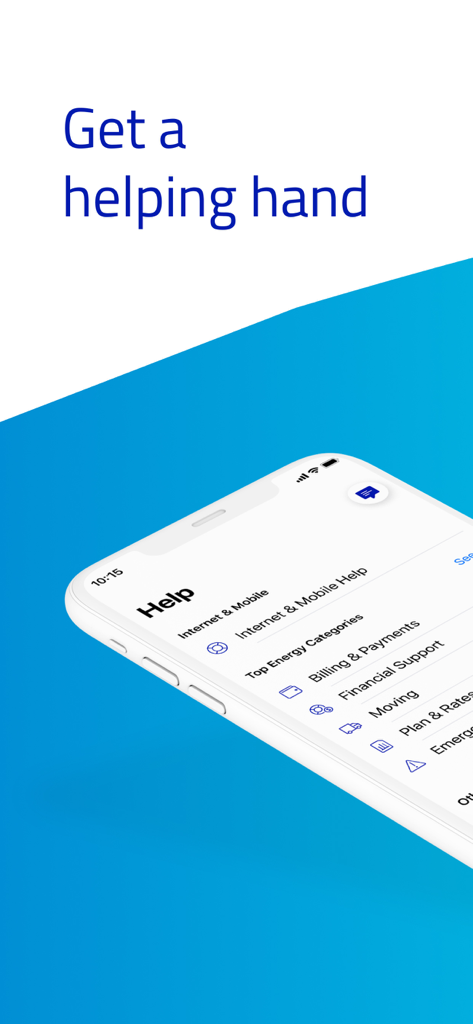AGL - The help and support screen of the AGL app showing various customer service categories like billing and financial support.