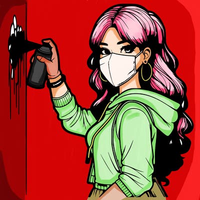 realistic girl with mask spray painting a wall