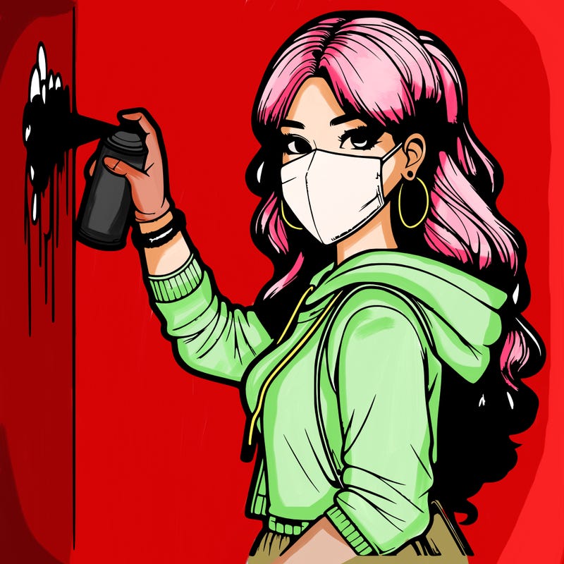 realistic girl with mask spray painting a wall