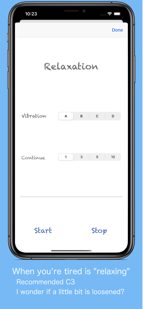 VoiceClock - Talking - VoiceClock relaxation screen showing vibration pattern and duration settings