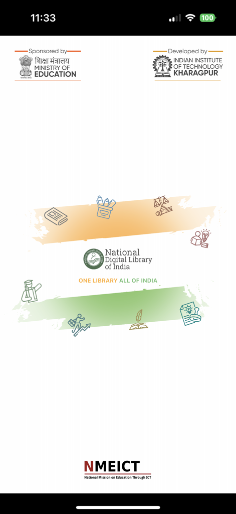 National Digital Library India - Startbildschirm der National Digital Library India App mit Logos des Bildungsministeriums und IIT Kharagpur
