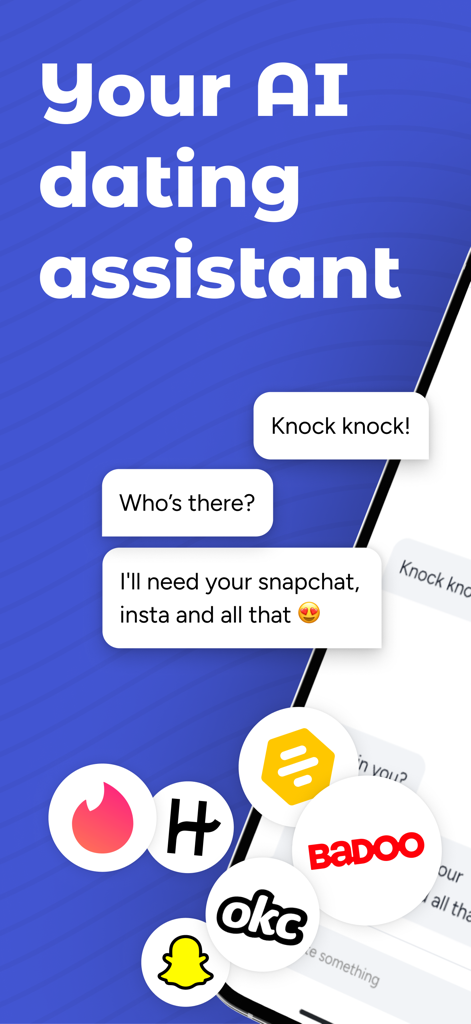 Tizz: Ai Rizz App Pickup Lines - Interface do aplicativo Tizz AI assistant de namoro mostrando frases de atração geradas e ícones de aplicativos de namoro