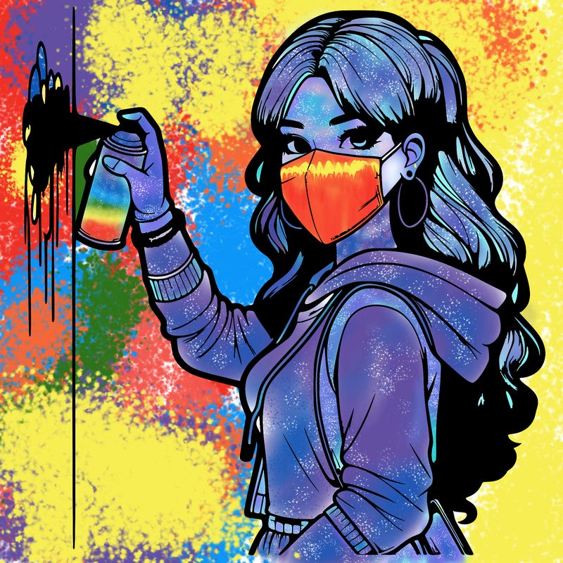 realistic girl with mask spray painting a wall