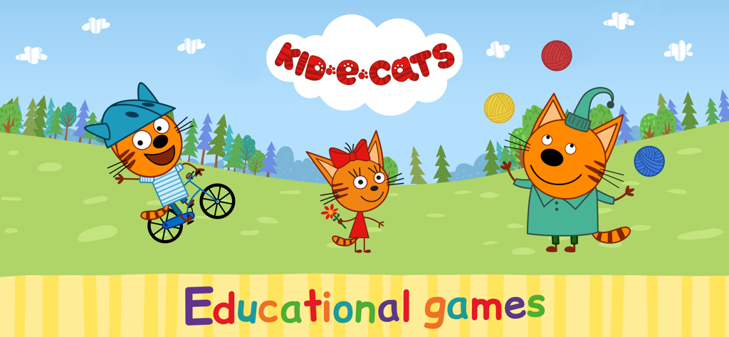 Three Kid-E-Cats characters Cookie Candy and Pudding in a green field with educational games text
