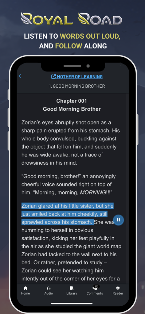 Royal Road 앱 인터페이스, 스토리에 대한 강조 표시된 텍스트와 함께 오디오 따라 읽기 기능 표시
