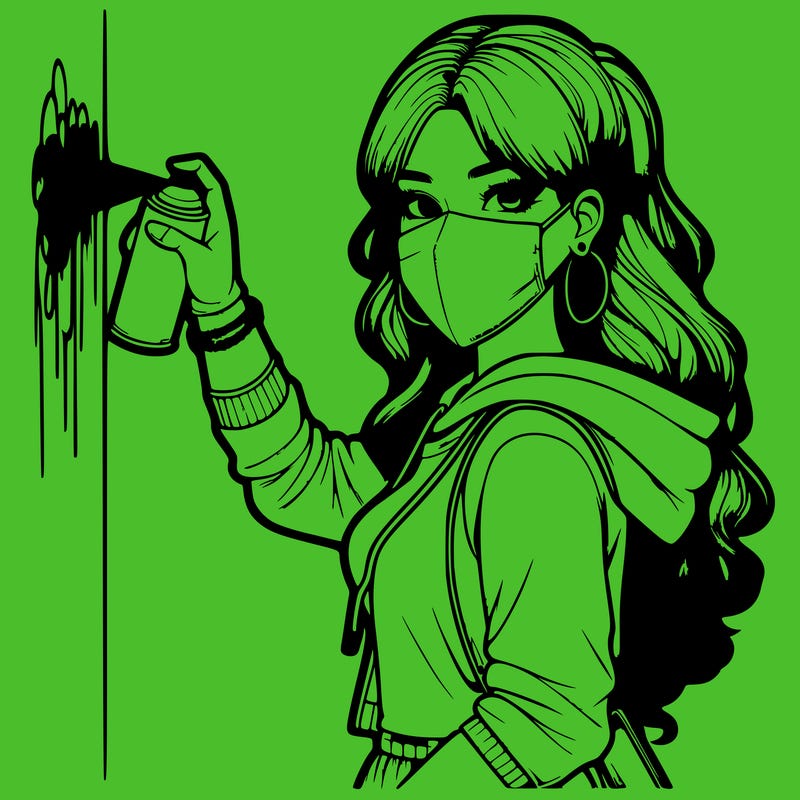 realistic girl with mask spray painting a wall