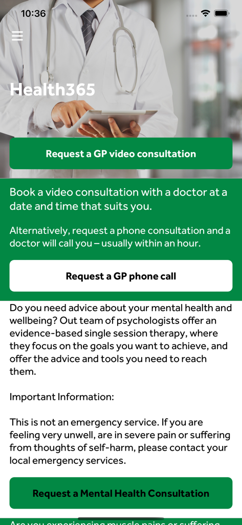 Health365 - Interface of the Health365 app showing options to request GP video and phone consultations.