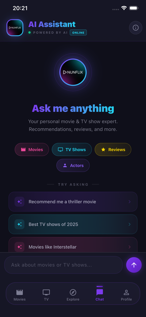 Pantalla de chat del asistente de IA de NunFlix con indicaciones de recomendación de películas y programas de televisión en una interfaz oscura.