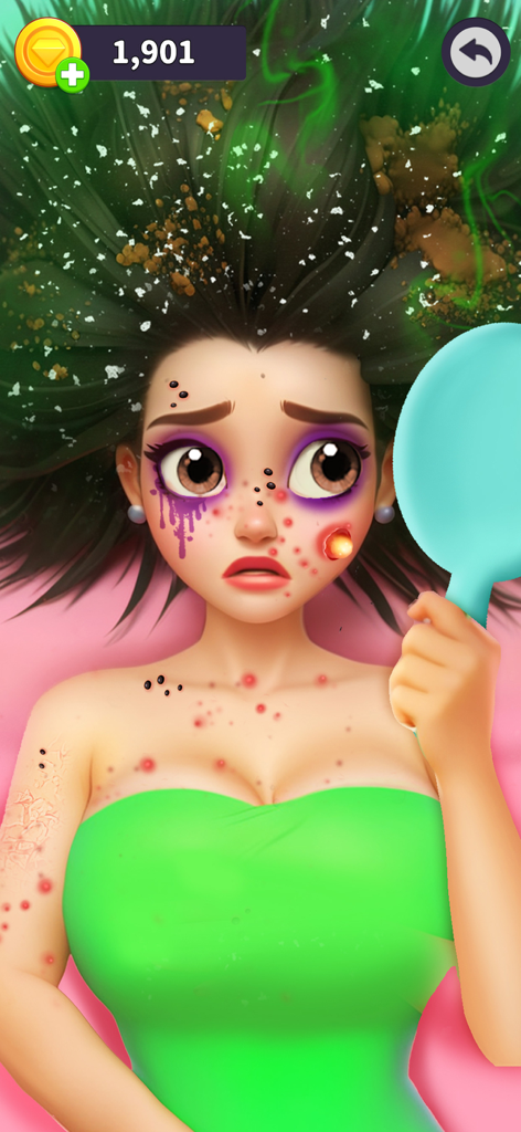 A character with messy hair and skin issues looking at a mirror for a makeover in Match Rush 3D