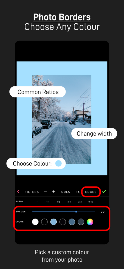 PICFX Picture Editor & Borders - Interface of PICFX app showing how to add and customize colorful photo borders.