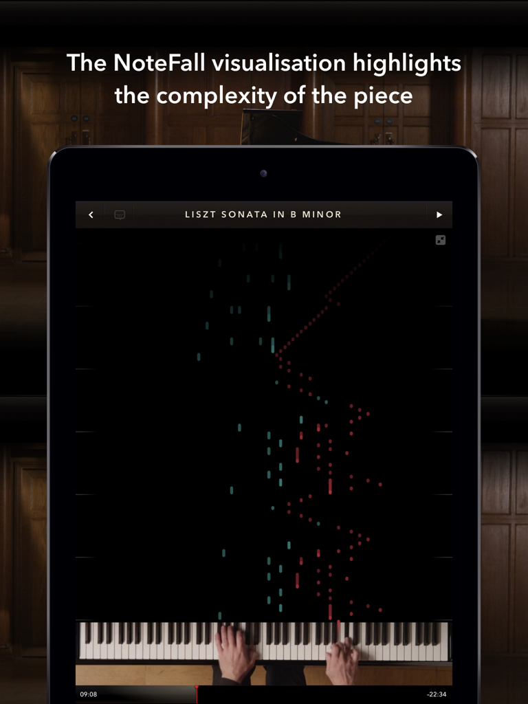 The Liszt Sonata - Visualización NoteFall de la Sonata Liszt en Si Menor mostrando notas musicales cayendo sobre un piano en un iPad.