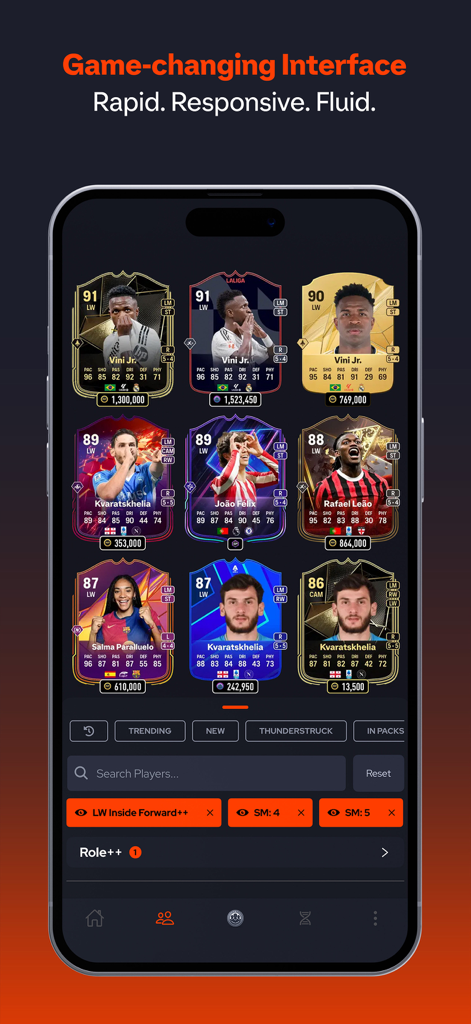 FUT.GG app interface showing FC 26 player cards with market prices and stats