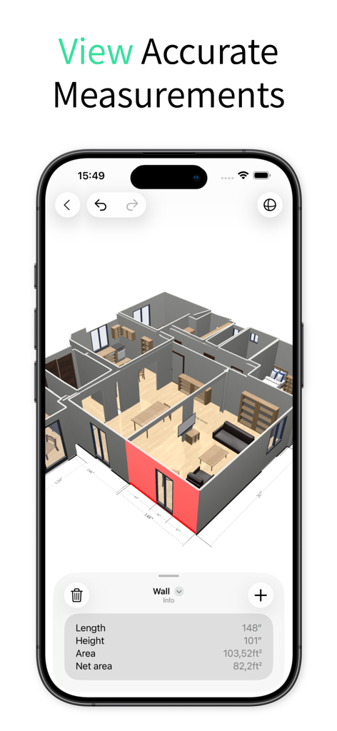 LiDAR Scanner 3D - 5DPlan - iPhone screen showing a 3D floor plan with accurate wall length and area measurements