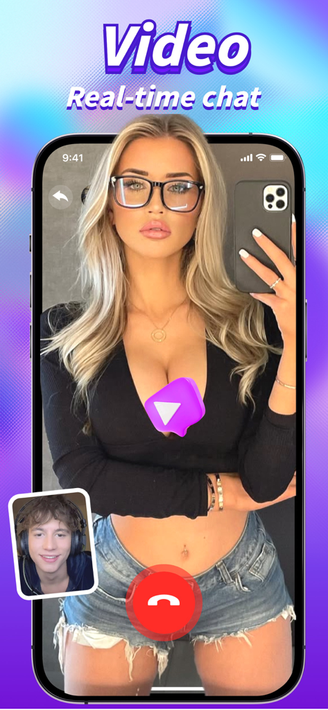 Real time video chat interface of the Luvia app showing a woman and a man in a call.