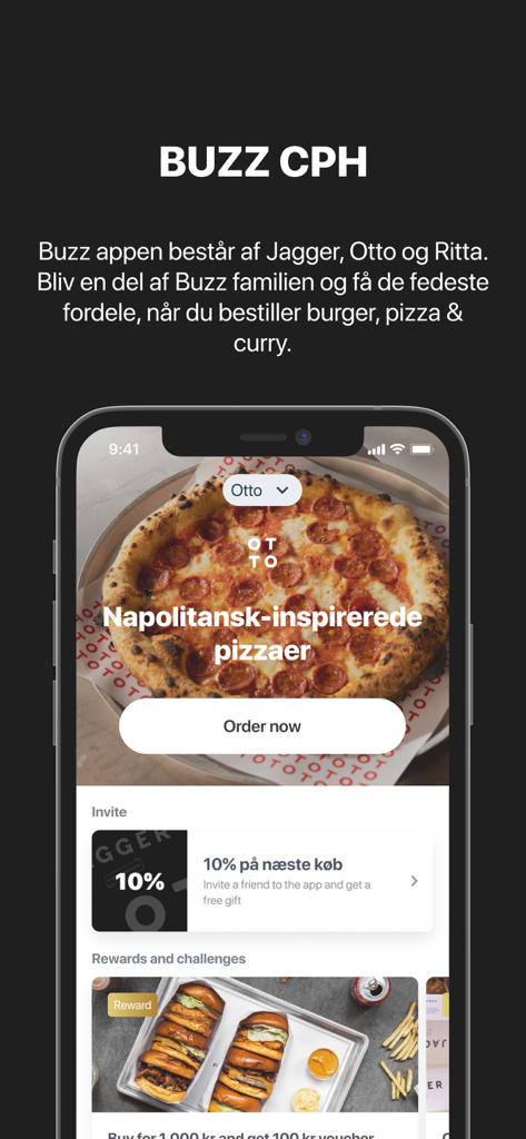 BUZZ CPH - BUZZ CPH mobile app interface showing pizza ordering and loyalty rewards
