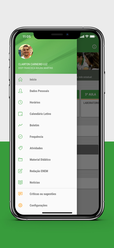 Aluno Online SEDUC-CE - Sidebar navigation menu of the Aluno Online SEDUC CE mobile application showing school features