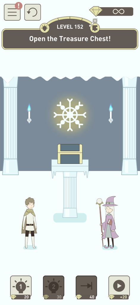 IQ Dungeon 2: Inherited Light - A logic puzzle in IQ Dungeon 2 where characters stand before a treasure chest in a frozen dungeon level.