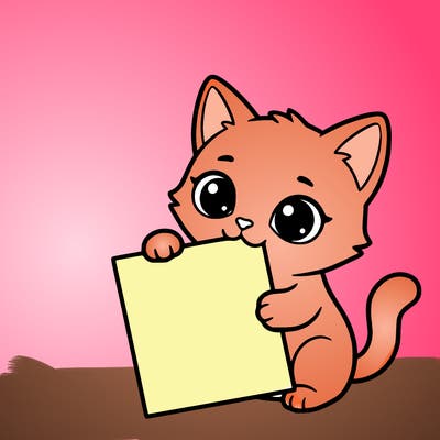 a small cat with a blank sheet of paper in its hand. the cat is sooooooo cute!