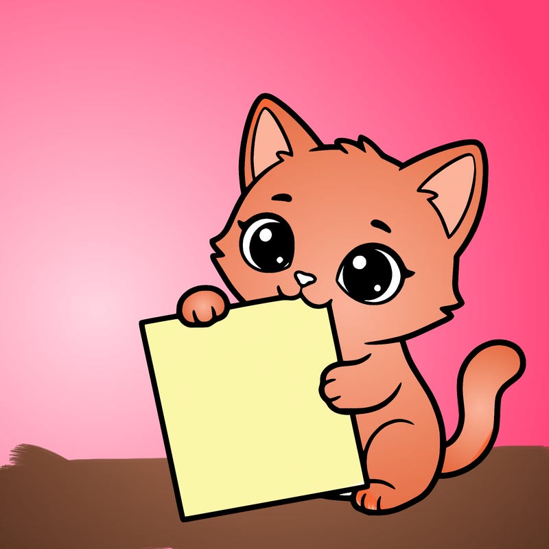 a small cat with a blank sheet of paper in its hand. the cat is sooooooo cute!