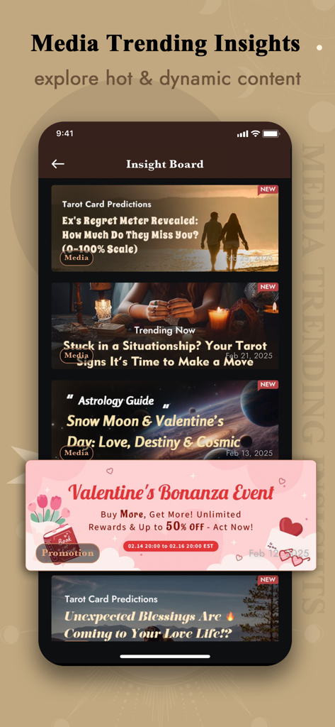 Interface of Pocket Insight app showing trending tarot predictions and astrology guides on the Insight Board