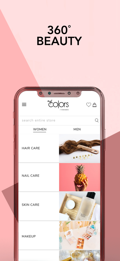 My Colors App-Oberfläche mit 360-Grad-Beauty-Shopping-Kategorien für Haarpflege, Nagelpflege und Hautpflege