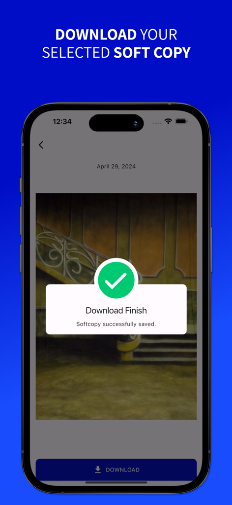 Tronix Imaging App - A smartphone showing a success message in the Tronix Imaging App after a user successfully downloaded their digital photo soft copy.
