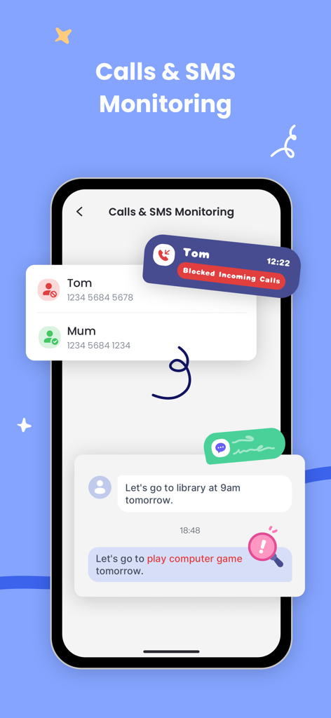 Interface showing call blocking and SMS monitoring features for parental oversight