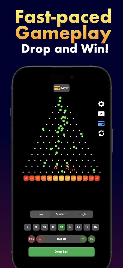 Una pantalla de smartphone que muestra el juego Plinko Pyramid Drop con bolas verdes cayendo a través de una pirámide de pines hacia recompensas de multiplicador