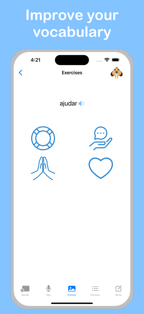 ポルトガル語学習アプリが、単語「ajudar」を画像に一致させる語彙演習を表示。