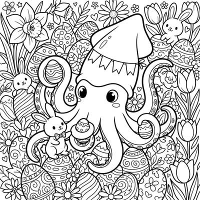 Get ready for a unique Easter celebration with this charming colossal squid coloring page! Featuring an adorable squid friend amidst bunnies, decorated eggs, and blooming spring flowers, it promises hours of creative fun.