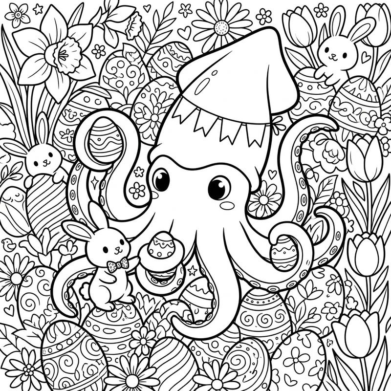 Get ready for a unique Easter celebration with this charming colossal squid coloring page! Featuring an adorable squid friend amidst bunnies, decorated eggs, and blooming spring flowers, it promises hours of creative fun.
