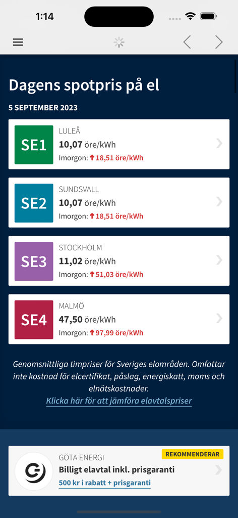 Elpris idag - Mobile app screen showing electricity spot prices for different regions in Sweden