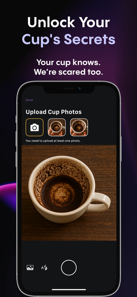 Faladdin: Tarot & Horoscopes - 神秘的なリーディングを得るためにコーヒーカップの写真をアップロードするためのFaladdinアプリのインターフェース