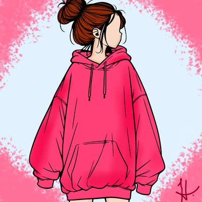 realistic girl with a oversized sweatshirt on and a bun