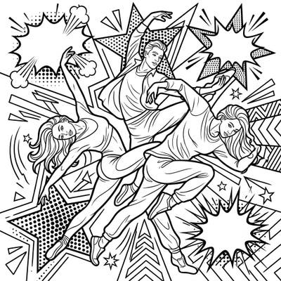 Experience the vibrant energy of contemporary dance fused with the bold aesthetic of Pop Art. This unique coloring page captures dancers in expressive motion, surrounded by iconic comic-book style elements.