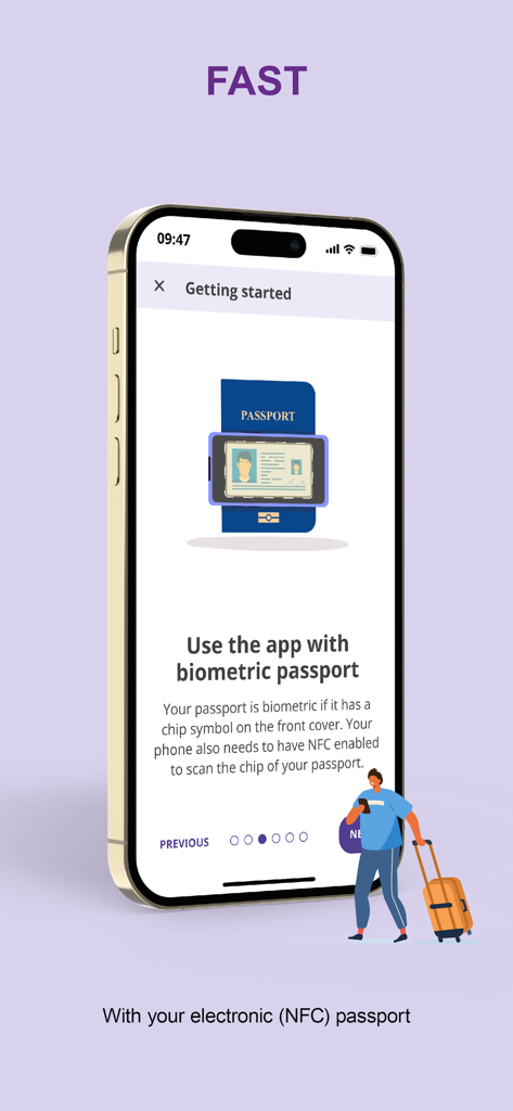 A smartphone displaying the Travel to Europe app onboarding screen for scanning biometric passports.