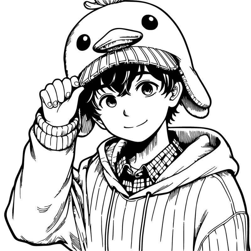 a manga teen with duck hat and sweater