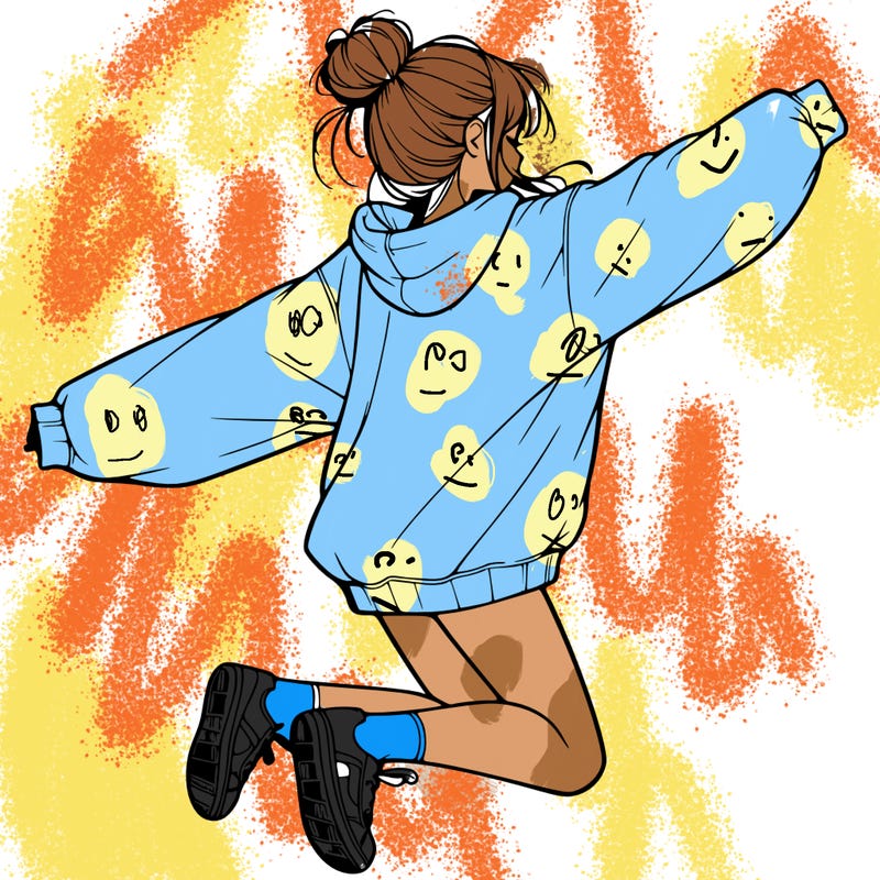 realistic girl jumping with a bun and oversized sweatshirt