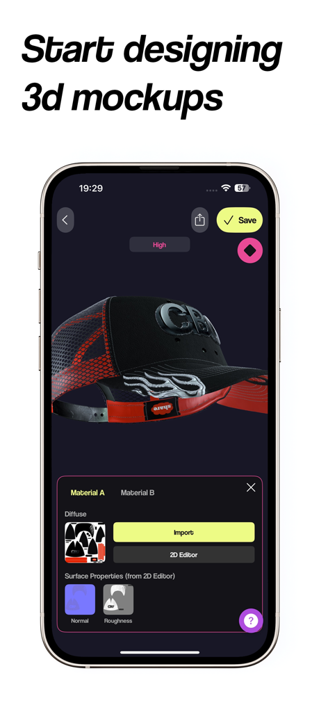 CBOs - CBOs app interface showing a 3D cap mockup with material and texture editing tools.