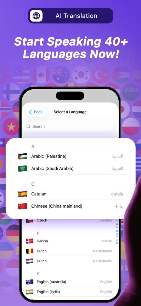 Interface de l'application mobile AirTranslator montrant une liste de langues prises en charge pour la traduction IA avec les noms et les drapeaux nationaux
