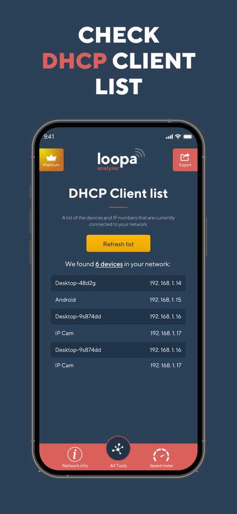 Network Analyzer Master: Loopa - Écran de l'application Loopa montrant la liste des clients DHCP des appareils et des adresses IP connectés à un réseau