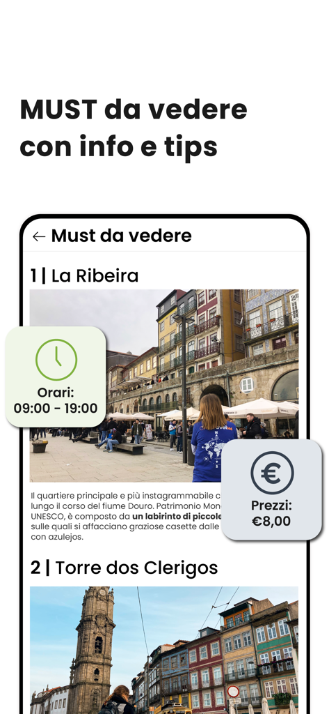Travel365 - Guide di Viaggio - Travel365 app screenshot showing must-see attractions with practical information like hours and prices