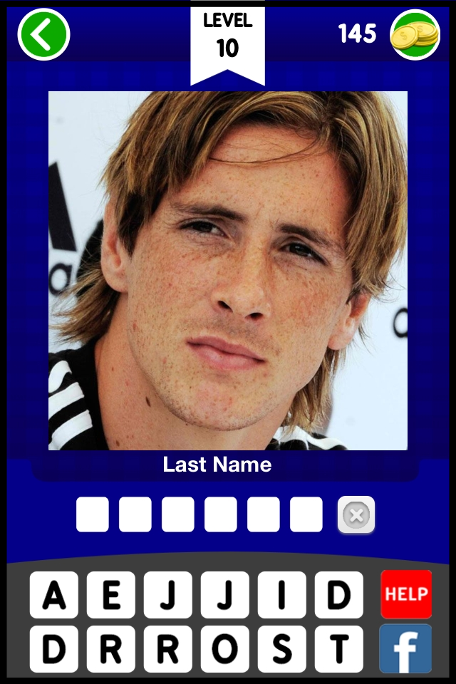 Football player logo team quiz game: guess who's the top new real fame soccer star face pic - Mobile football trivia game screen showing a soccer player photo and letter tiles to guess the last name