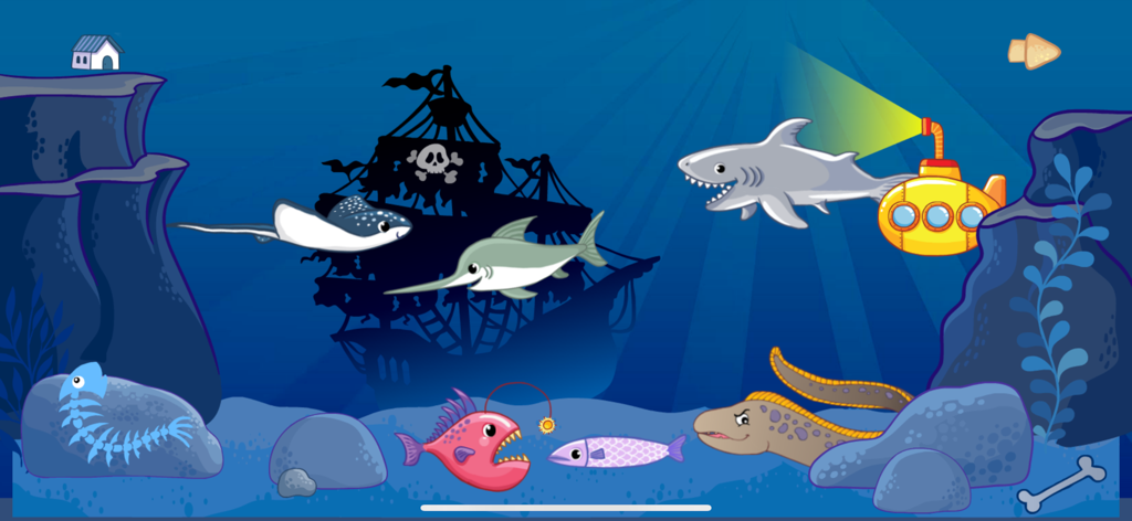 FISH sea animal puzzle games - An underwater cartoon scene with a shark, moray eel, and a sunken pirate ship from the sea animal puzzle game